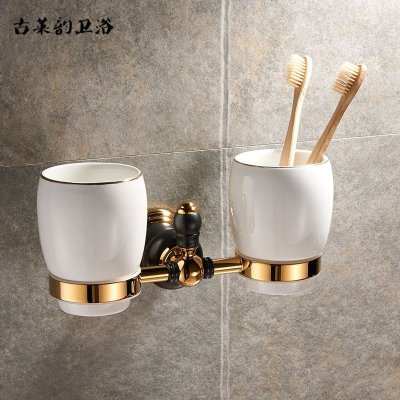 美式铜金色涑口杯浴室五金挂件刷牙杯套装欧式卫生间黑金双杯架