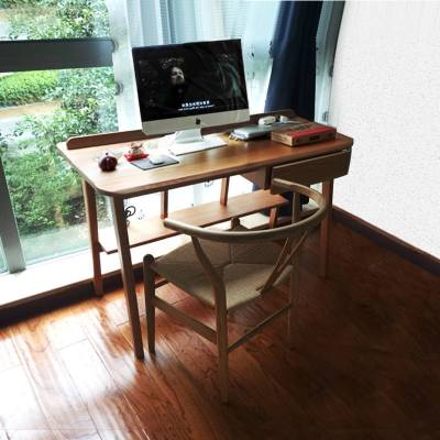 无印风格小户型环保纯全实木电脑学习桌子带书架北欧日式简约书桌