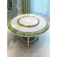 现代大理石不锈钢餐桌椅组合翡翠绿大理石圆形餐桌带转盘餐厅