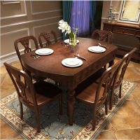 美式实木餐桌六人一桌六椅旋转变大方圆两用伸缩折叠可变圆桌轻奢