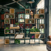 美式工业风实木格子书架落地隔断书柜屏风创意时尚展示架储物书架