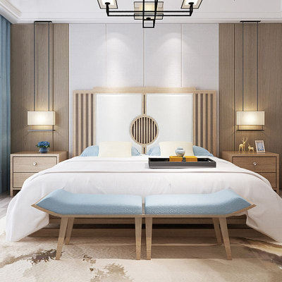 新中式实木床卧室定制布艺婚床现代简约样板房酒店双人床家具