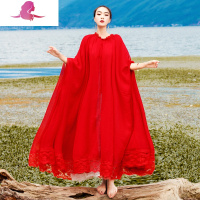 艳如飞茶卡盐湖复古红裙开衫系带斗篷风衣西藏沙漠旅拍写真红色披风长裙风衣