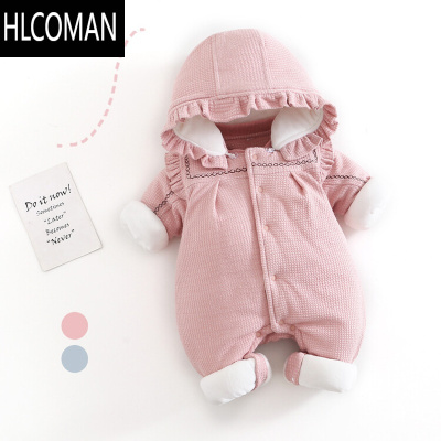 HLCOMAN2022冬季婴儿纯色花边帽连体加厚棉衣男女宝宝冬装洋气外出爬爬服