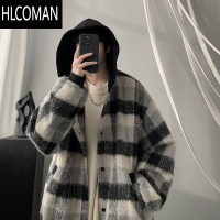 HLCOMAN格子呢料棉衣外套男款冬季潮牌加厚p暖棉服韩版潮流宽松连帽棉袄