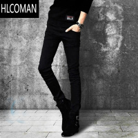 HLCOMAN纯黑色男裤子款弹力牛仔裤男士加绒修身小脚百搭休闲直筒长裤