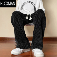 HLCOMAN美式hiphop垂感裤子男小众设计感棋盘格阔腿裤加绒直筒灯芯绒男裤