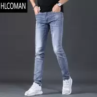 HLCOMAN 牛仔裤男款秋季修身小脚浅蓝色弹力休闲男士牛仔裤冬季加绒
