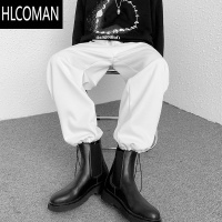 HLCOMAN白色高级感男裤设计感垂感配马丁靴的工装裤子男加绒抽绳束脚西裤