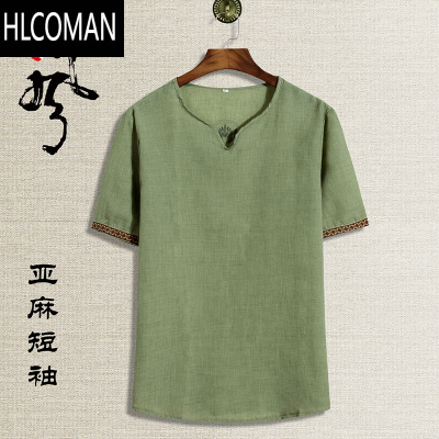 HLCOMAN中国风男装棉麻T恤夏季宽松汉服短袖古风上衣中式复古唐装亚麻t恤