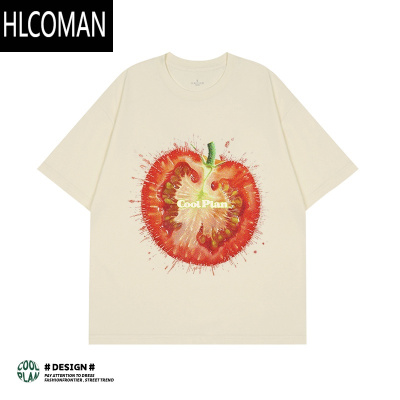 HLCOMAN[番茄炸了]美式复古高街小众创意印花宽松短袖T恤 男女同款