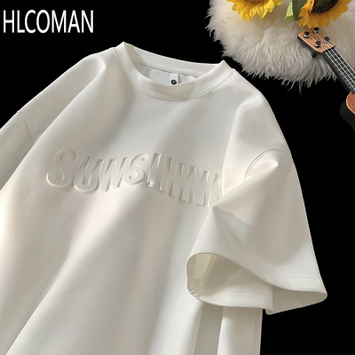 HLCOMAN钢印t恤男生2024夏季新款港风潮牌纯色短袖设计感小众五分袖