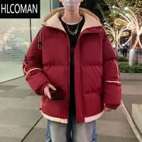 HLCOMAN酒红色连帽棉服男士外套2024新款潮牌宽松休闲加绒加厚棉衣