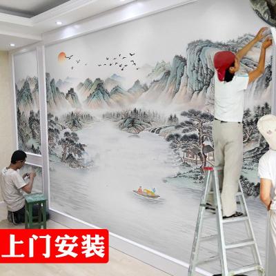 新中式电视背景墙壁纸现代简约山水墨画墙纸8d定制壁布影视墙墙布 无缝5d凹凸丝绢布