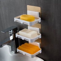 免打孔肥皂盒卫生间沥水创意壁挂香皂架浴室置物架吸盘双层肥皂架 白色[3个装+拖把夹3个]