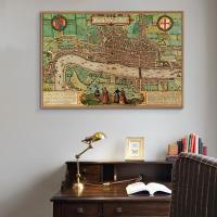 复古版世界地图大幅壁画背景墙装饰画办公室书房会议室欧美式挂画 A款-伦敦地图 90x60单幅黑色简框