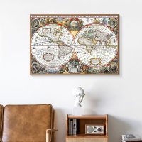 复古版世界地图大幅壁画背景墙装饰画办公室书房会议室欧美式挂画 E款-世界地图 90x60单幅白色简框