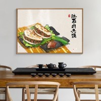 中国特色菜中式餐厅美食挂画饭厅墙面装饰画酒楼房间壁画 D款-陕西肉夹馍 40x60单幅黑色简框