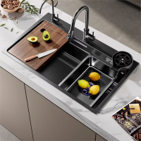 黑纳米304不锈钢水槽闪电客大单槽厨房洗菜盆家用加厚台下洗碗槽洗菜池