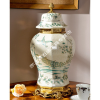 欧式铜配瓷艺术品将军罐陶瓷摆设 美式客厅玄关家居青花瓷器摆件 白色花纸