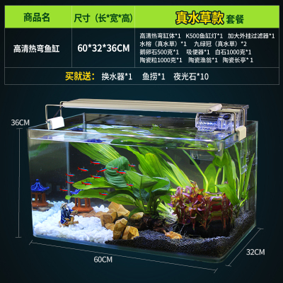 真水 玻璃鱼缸水族箱小型客厅桌面家用生态创意套餐造景金鱼缸 60水草款
