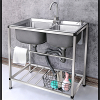 加厚不锈钢洗菜盆半梅厨房水槽双槽简易带支架家用水池洗手洗碗槽304