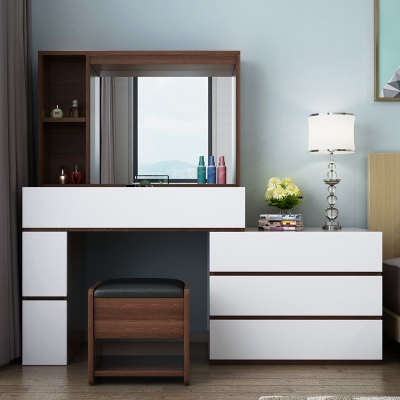 现代简约卧室梳妆台白色免漆80cm可伸缩带凳化妆桌多功能收纳盒