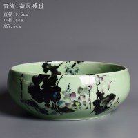 陶瓷大号圆形中国风家用养水仙花的花盆水培器皿水养 [青瓷-荷风盛世] 大