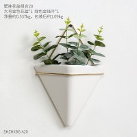 ins北欧室内仿真绿植壁挂花盆装饰品摆件创意插花微景观花盆景 大金色三角形壁挂花器+3枝扎金钱叶-绿色