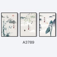 新中式客厅装饰画餐厅水彩三联墙壁中国田园沙发背景挂画 A3789 70*90浅木色框油画布