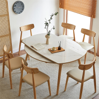 闪电客北欧亮光岩板餐桌子家用小户型现代简约多功能实木可折叠伸缩圆桌
