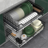 闪电客拉篮厨房橱柜304纳米黑不锈钢双层抽屉式碗碟篮厨柜置物架