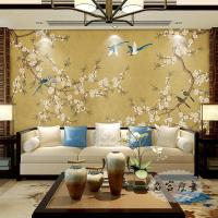 现代中式手绘花鸟墙纸客厅电视背景墙壁纸沙墙布定制床头壁画