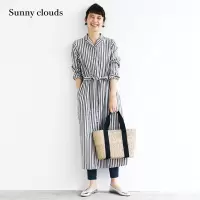 Sunny clouds Shuttle Notes日本面料 女式棉麻条纹连衣裙