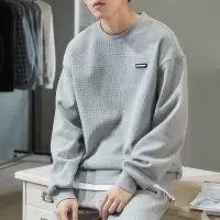 [2.5折价49元]唐狮春季新款华夫格长袖T恤男装宽松圆领衣服潮流重磅t打底衫