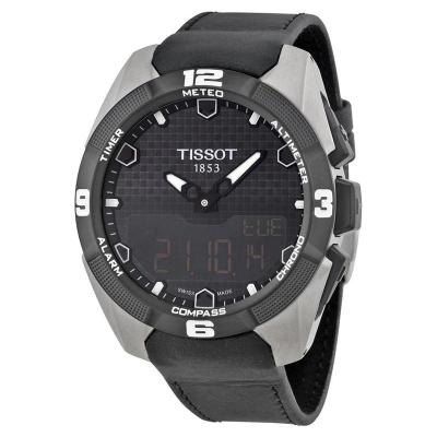 天梭TISSOT 男士 T-Touch Expert 太阳能计时皮革黑色(触摸屏)表盘手表 时尚百搭 运动防水 45毫米