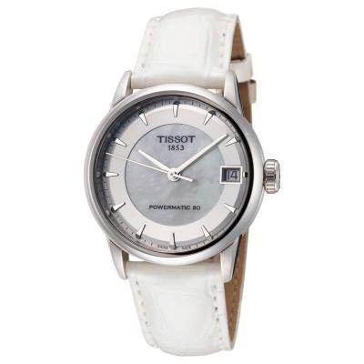 天梭(TISSOT)Luxury 白色珍珠母贝 皮革 33 毫米女士自动机械手表 海外购T0862071611100
