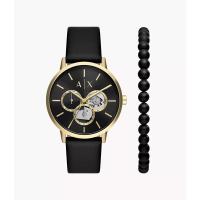 阿玛尼Armani Exchange 多功能黑色皮革手表和黑色玛瑙串珠手链套装商务休闲时尚百搭防水腕表AX7146SET