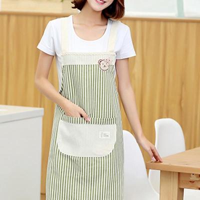 家柏饰(CORATED)韩版棉麻围裙小熊双层防水围裙条纹小清新绿厨房做饭烘焙