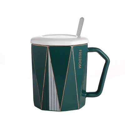 家柏饰(CORATED)北欧简约陶瓷马克杯带盖勺个性创意潮流情侣水杯子咖啡杯一对 北欧绿(带盖勺)300ML