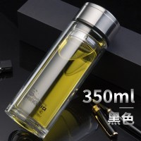 家柏饰(CORATED)玻璃杯 双层便携水杯带盖过滤办公杯男女杯子耐热车载茶杯 黑色350ml