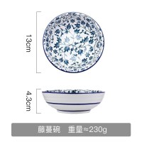 汐岩家用吃饭陶瓷碗复古单个蒸蛋小碗超萌青花瓷碗五寸碗日式餐具 藤蔓