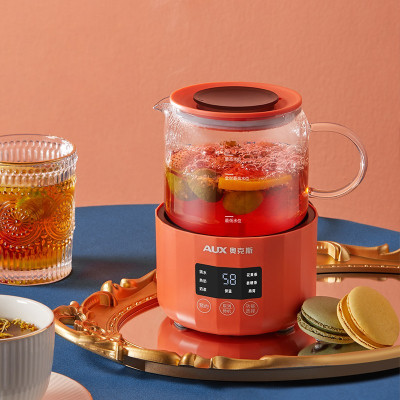 奥克斯(AUX)煮茶器 多功能玻璃养生壶 黑茶蒸茶器电茶壶 电热花茶壶 蒸汽玻璃加厚保温 橘红色|六