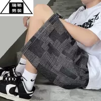 希杰狮王提花格子牛仔短裤男潮牌夏季薄款休闲中裤美式复古宽松5五分裤子