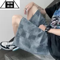 希杰狮王提花格子牛仔短裤男潮牌夏季薄款休闲中裤美式大码宽松5五分裤子