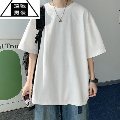 希杰狮王t恤男夏季小领口短袖美式复古纯色300g衣服