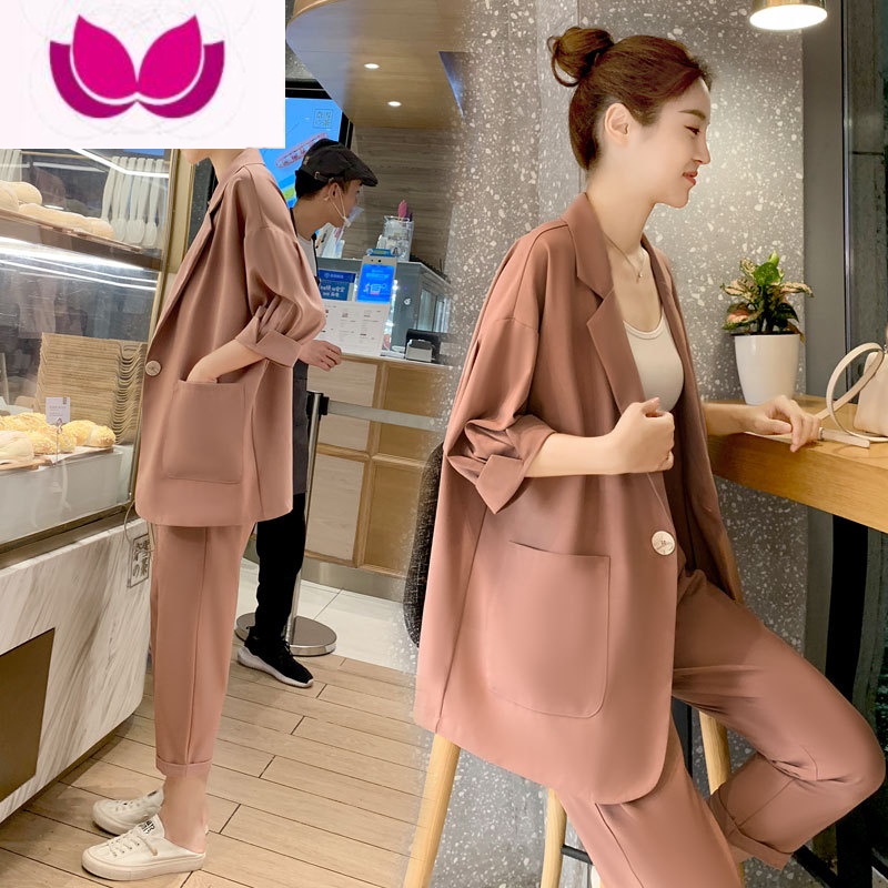 七斓2023新款夏季休闲西装套装女韩版宽松高级感小个子西服套