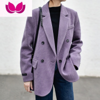 七斓灯芯绒西装套装女春季复古休闲阔腿裤子高级感紫色西服外套套