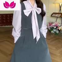 七斓2023春季新款时尚休闲套装女韩版蝴蝶结衬衫+小背心半身裙套