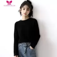 YUNWUXIN2022秋季宽松黑色T恤简约韩版上衣女纯色体恤长袖打底衫